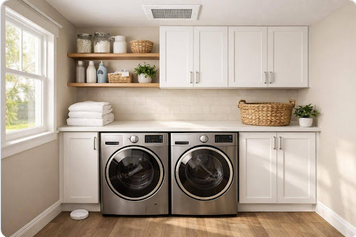 Modern laundry room with front-load washer and dryer, folding counter, wall shelves, cabinets, vinyl flooring, and bright natural light.
